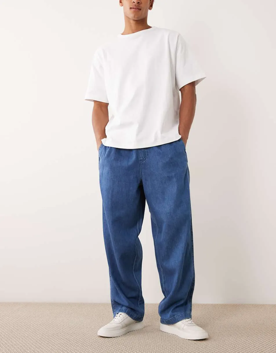 ASOS DESIGN co-ord pull on loose straight linen blend jeans in mid wash blue