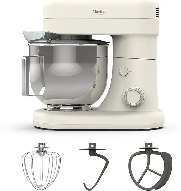 Martha Stewart Tilt-Head Stand Mixer, 12 Speed, 5.3QT Stainless Steel Bowl, Splash Guard with Pour Chute, Whisk, Dough Hook, Flat Beater, Electric Kitchen Baking Mixer, Bread, Cake, Whip, Linen White