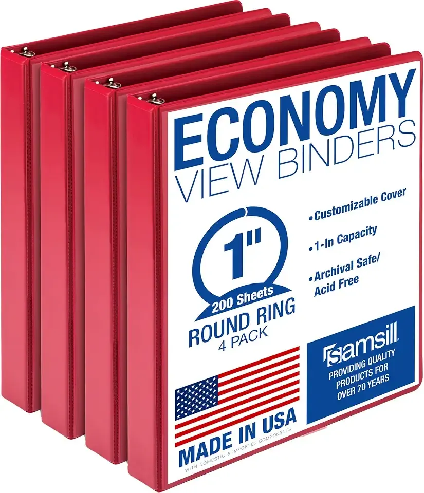 Samsill 1 Inch 3 Ring Binders, Economy Round Ring, Clear View Cover, 200 Sheet Capacity - for School, Home, Office - Red, 4 Pack