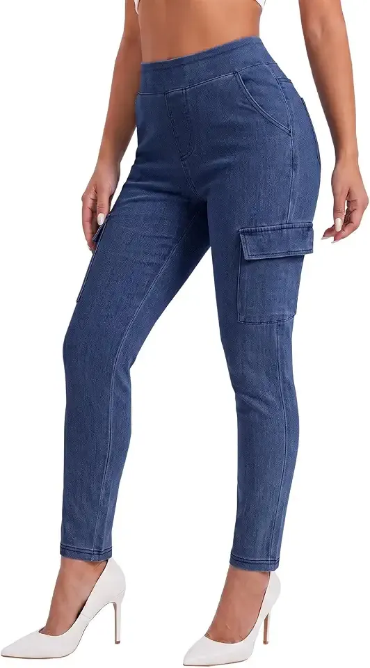 Womens Skinny Cargo Jeans High Waisted Denim Pants Flap Pocket