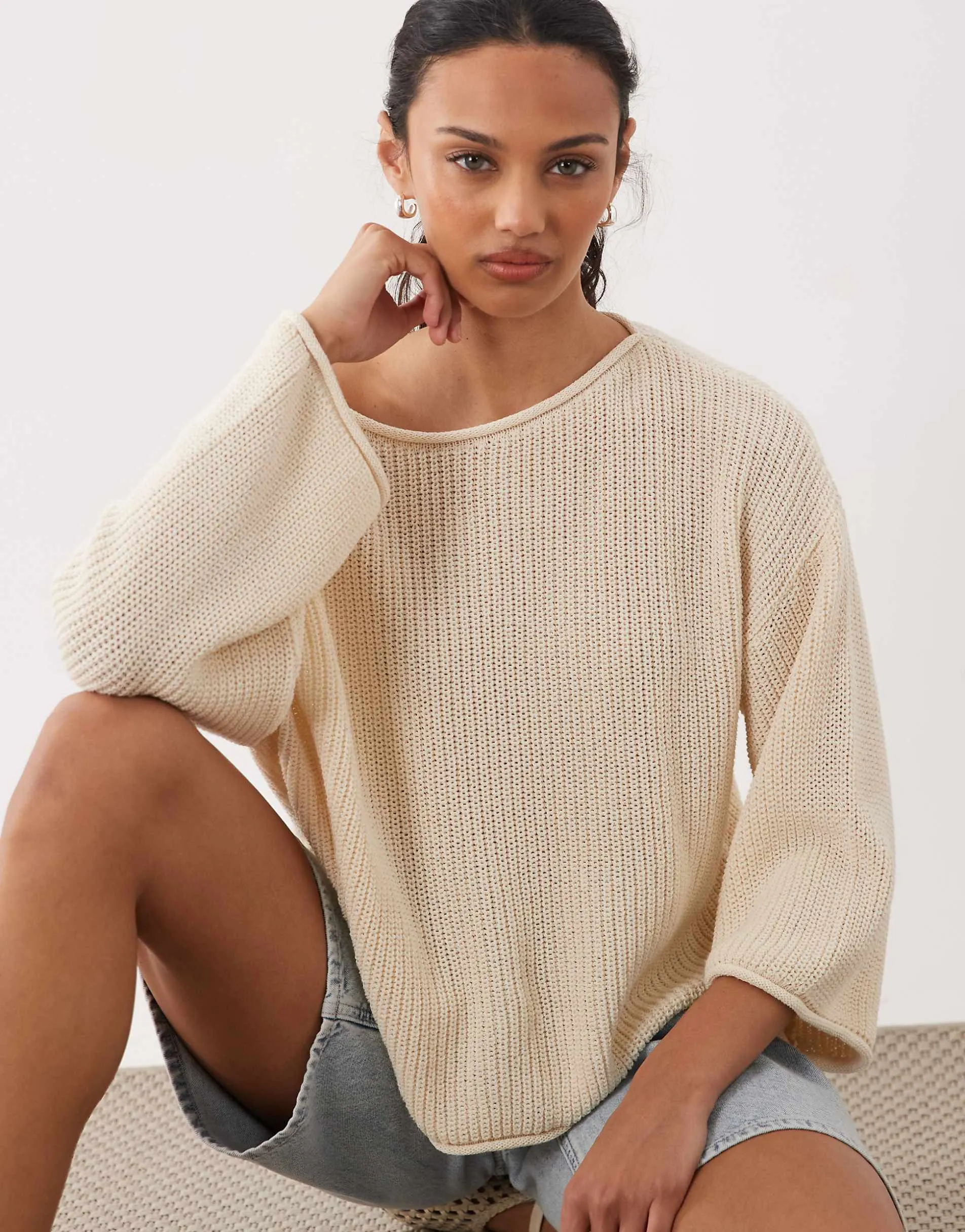 ASOS DESIGN knitted open stitch beach jumper in ecru