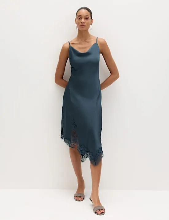 Satin Cowl Neck Lace Trim Midi Slip Dress