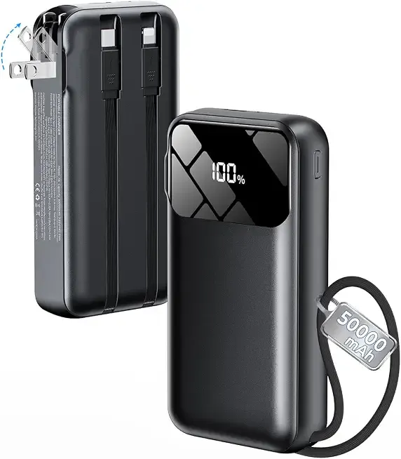Portable Charger 50000mAh, Power Bank with Built-in Cables & Wall Plug | Fast-Charging, Ultra-High-Capacity Battery Pack for Travel Essential, for iPhone, Samsung, Google Pixel, and iPad-Black