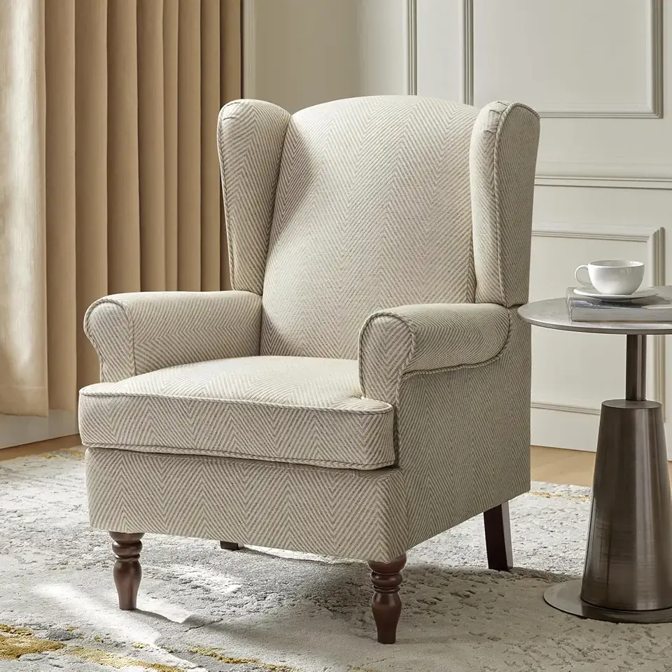 HULALA HOME Wingback Accent Chair with Retro Wooden Legs, Traditional Fabric Armchair for Living Room Bedroom, Comfy Upholstered Single Sofa Chair Reading Chair, Tan