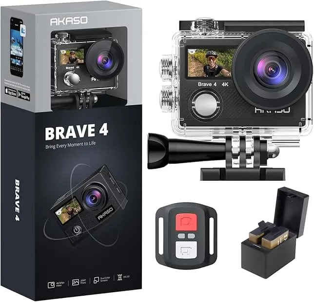 AKASO Brave 4 Action Camera 4K 30fps Ultra Hd Video 20MP Photo, EIS, WiFi Remote Control, 2X Batteries, Waterproof Underwater Camera for Snorkel, Travel, Motorcycle, Bicycle, Helmet Accessories Kit
