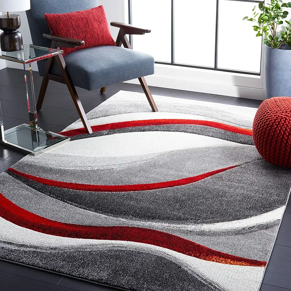 SAFAVIEH Hollywood Collection Area Rug - 9' x 12', Grey & Red, Mid-Century Modern Design, Non-Shedding & Easy Care, Ideal for High Traffic Areas in Living Room, Bedroom (HLW766Q)