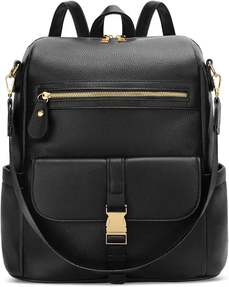Backpack Purse for Women - PU Leather Ladies Backpack for Daily with Anti-Theft Lock Pocket, Small Daypack with Luggage Strap & Water Bottle Pockets (Black)
