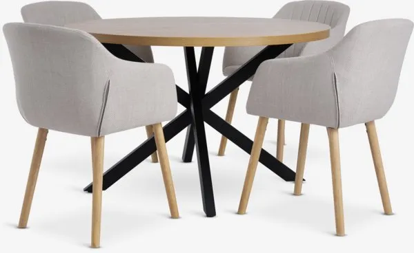 NORTOFT + ADSLEV NORTOFT Ø120 tafel warm eiken + 4 ADSLEV stoelen beige