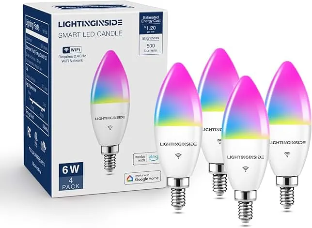 Lightinginside E12 Smart Light Bulbs 60W Equiv., Work with Alexa/Google Home/Smart Life, 500LM 6W RGBCW Candle Candelabra LED Light Bulbs, No Hub Required, 2.4G WiFi Bluetooth Bulb, ETL Listed, 4PCS