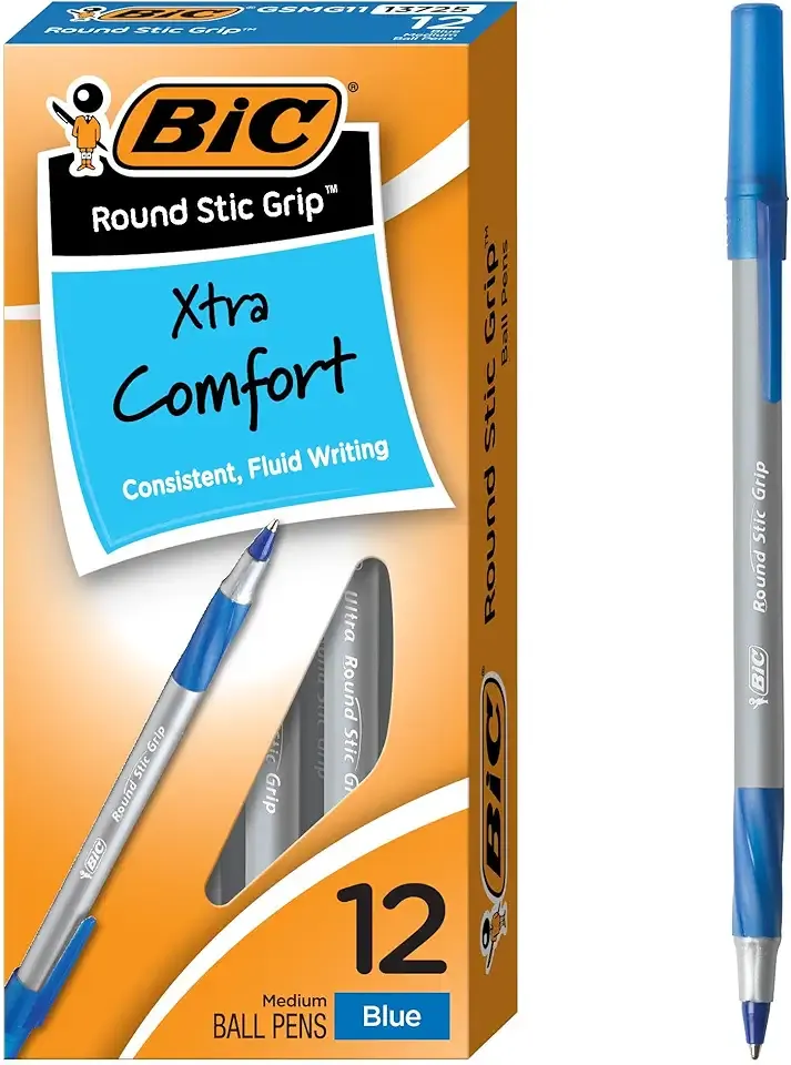 BIC Round Stic Grip Xtra Comfort Blue Ballpoint Pens, Medium Point (1.2mm), 12-Count Pack, Excellent Writing Pens With Soft Grip for Superb Comfort and Control