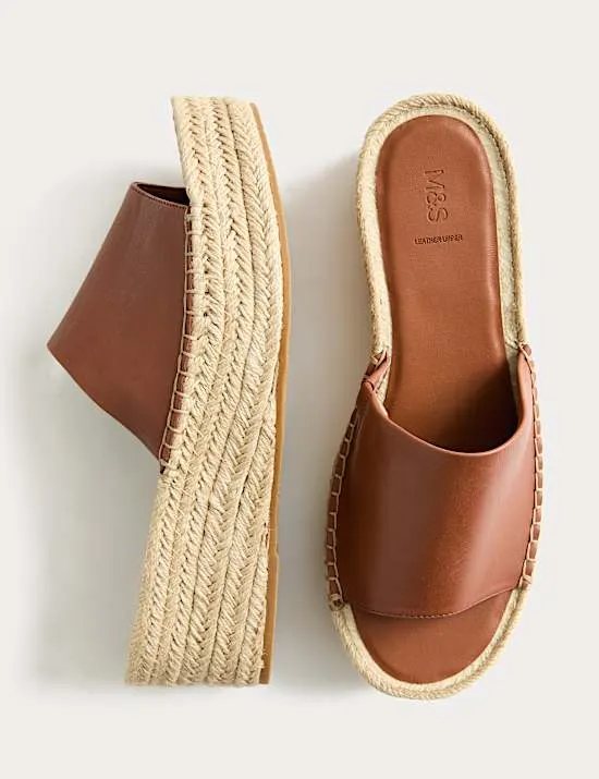 Flache Espadrille-Pantoletten aus Leder