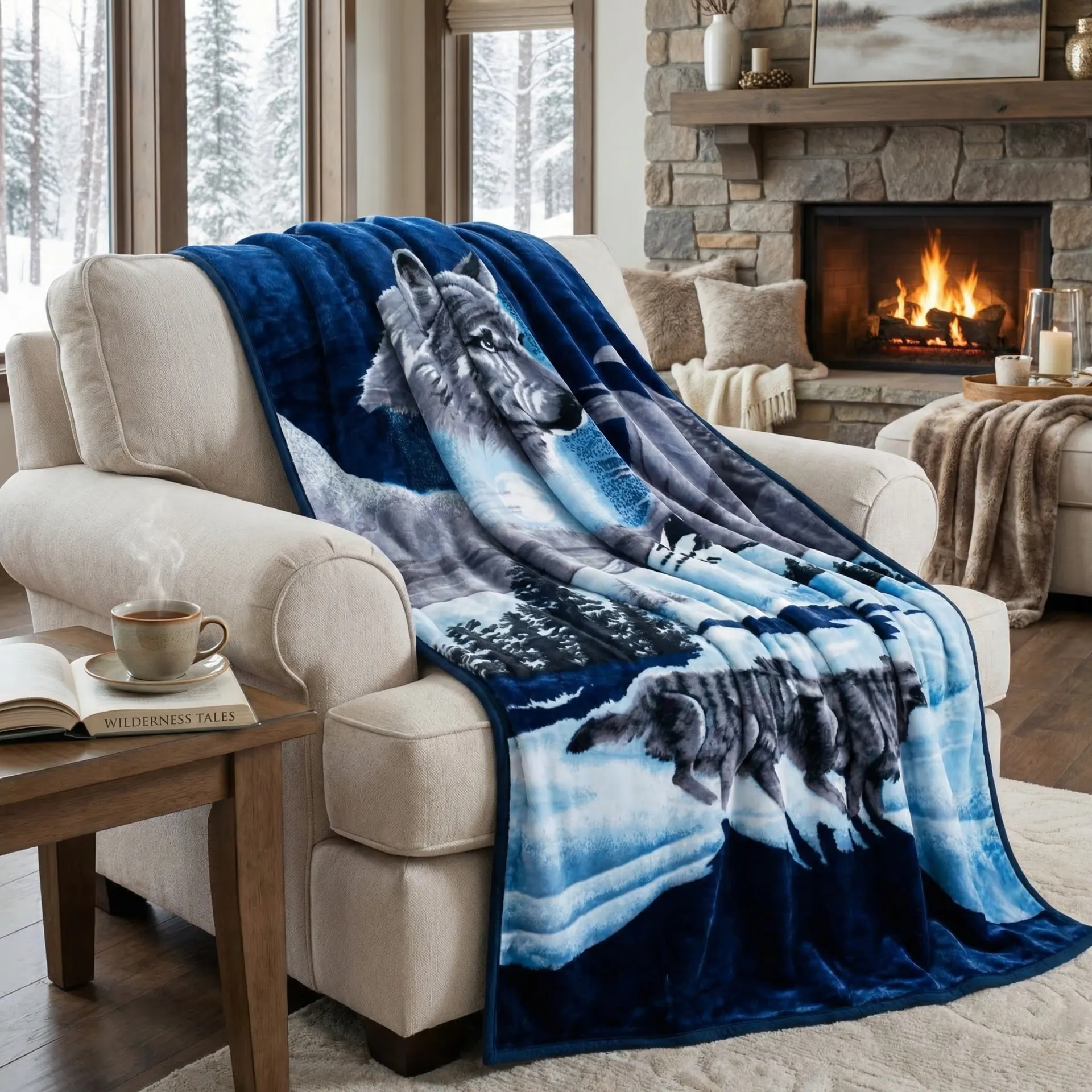 Wolf Heavy Thick Plush Mink Blanket Blue and White 72-in x 80-in Polyester Blanket