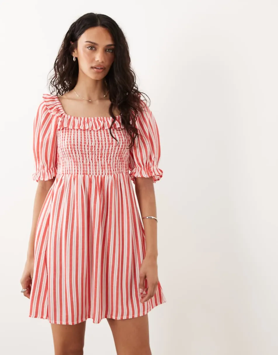 New Look stripe shirred frill trim mini dress in red