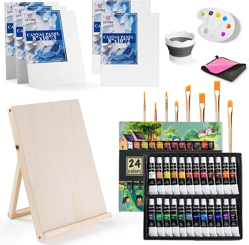LEYEDZ Acrylic Paint Set for Kids & Adults, 41 PCS Paint Kit, Art Painting Supplies Kit with 24 Acrylic Paints, 8 Paint Brushes, 5 Canvas Panels