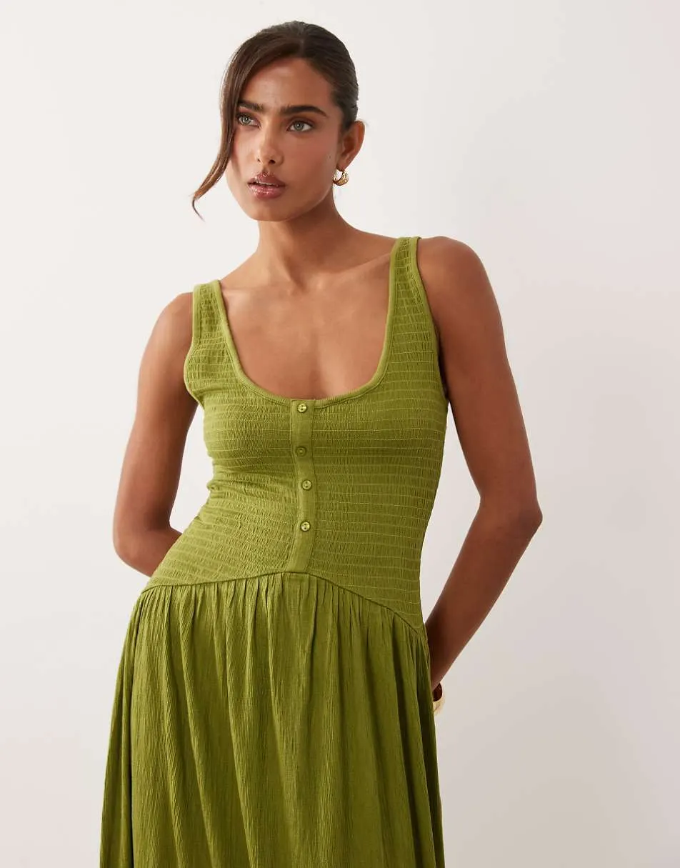 ASOS DESIGN crinkle button through midi dress in olive