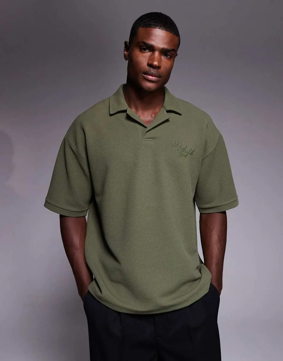 ASOS DESIGN super heavyweight oversized polo with textured fabric in khaki