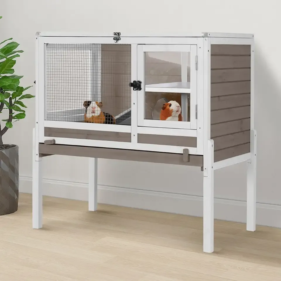 Aivituvin 2-Story Indoor Rabbit Hutch Guinea Pig Cage with Stand, Wooden Bunny Cage Small Animal Cages with Chew-Proof Ramp, Pull-Out Tray & Leakproof PVC Layer (Brown)