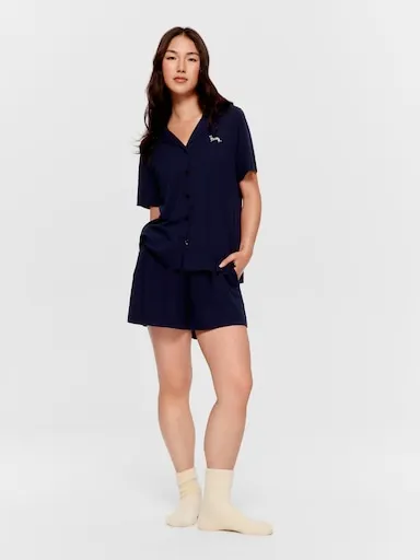 Navy Floral Trim Waffle Short Sleeve Shirt