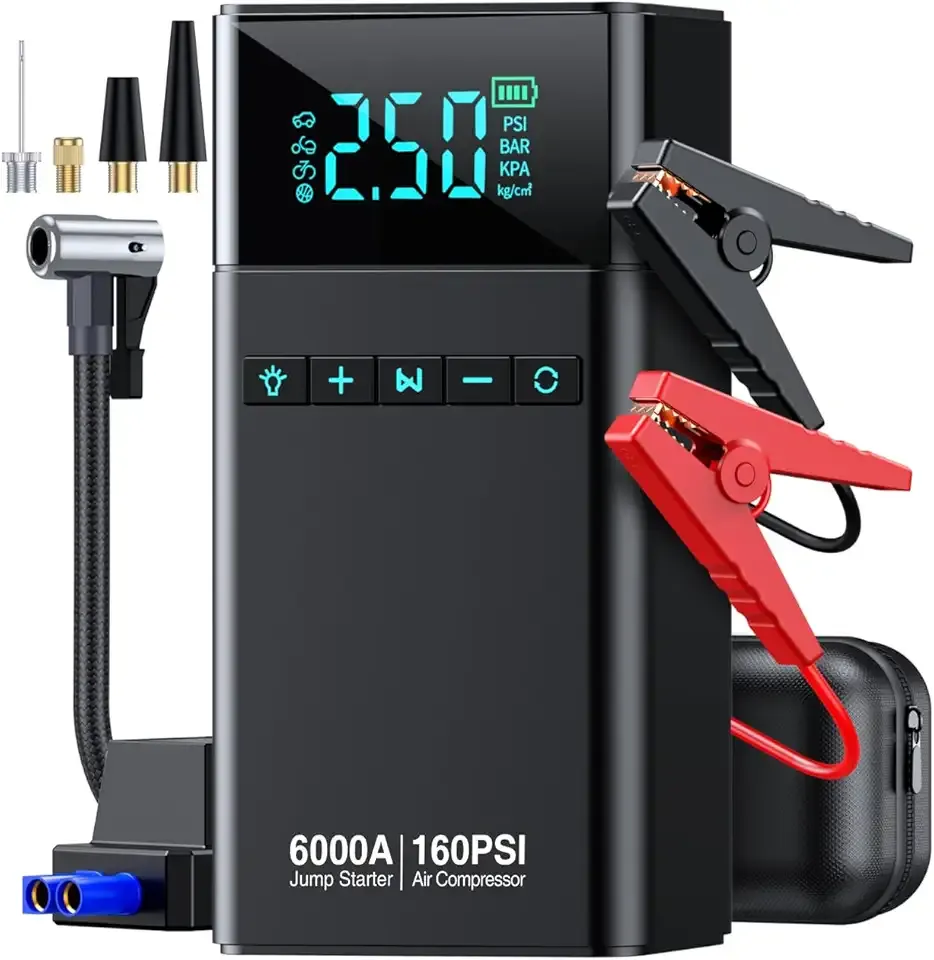 10-in-1 Portable Car Battery Jump Starter with Air Compressor, 6000A 160PSI Portable Car Jumper Starter (All Gas 12L Diesel), 12V Jump Box Car Battery Jump Starter with Jumper Cables, Lights
