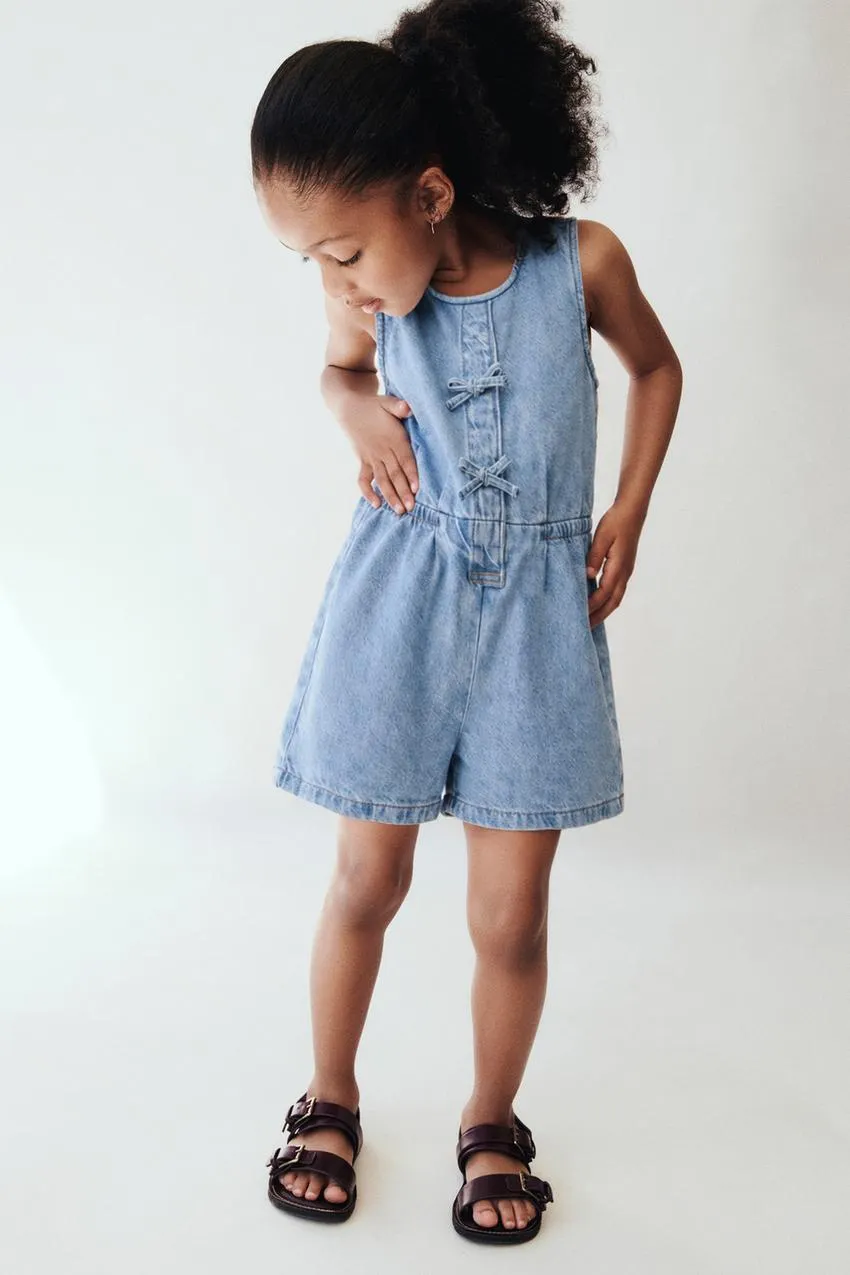 DENIM SHORT JUMPSUIT WITH BOWS