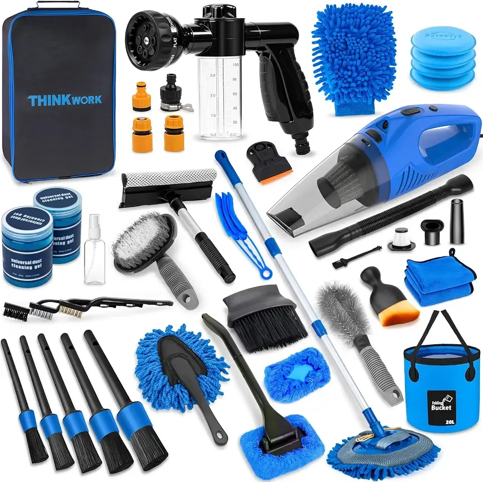 THINKWORK Car Detailing Kit with Foam Gun & Vacuum, 41Pcs Car Cleaning Supplies | Complete Wash Kit, 7600PA Corded Vacuum, Car Wash Mop, 20L Folding Bucket, Detailing Brush Set for Interior & Exterior, Blue