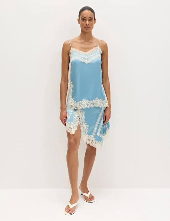 Satin Lace Asymmetric Mini Slip Skirt