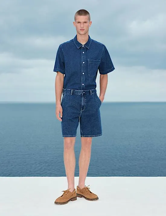 Kurzarm-Jeanshemd aus reiner Baumwolle
