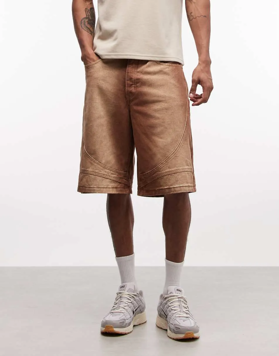 Liquor N Poker denim seam detail jorts in washed brown