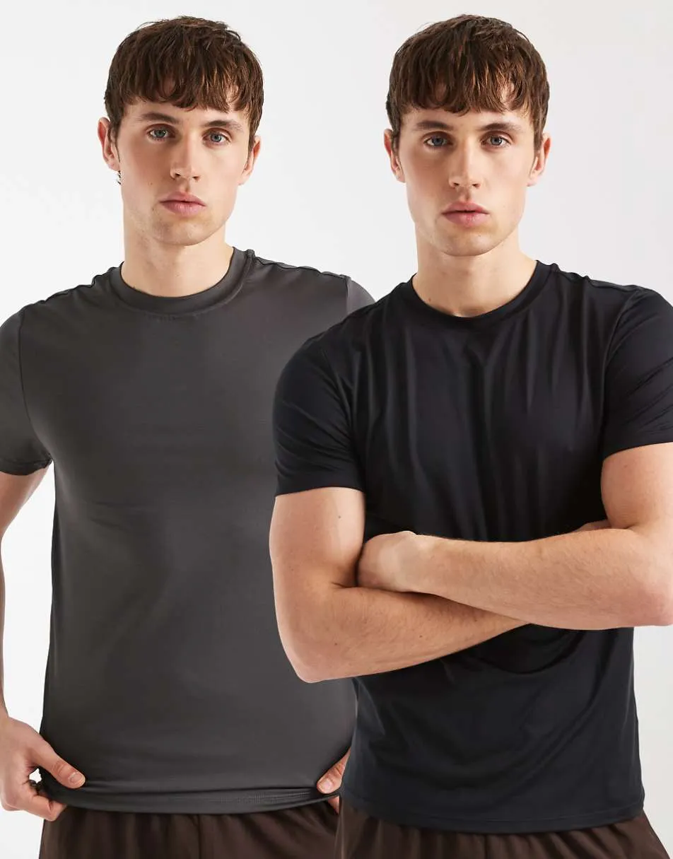 4505 Icon active quick dry muscle fit base layer training t-shirt 2 pack in black and charcoal