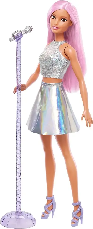 Pop Star Doll Dressed in Iridescent Skirt with Microphone and Pink Hair, Gift for 3 to 7 Year Olds