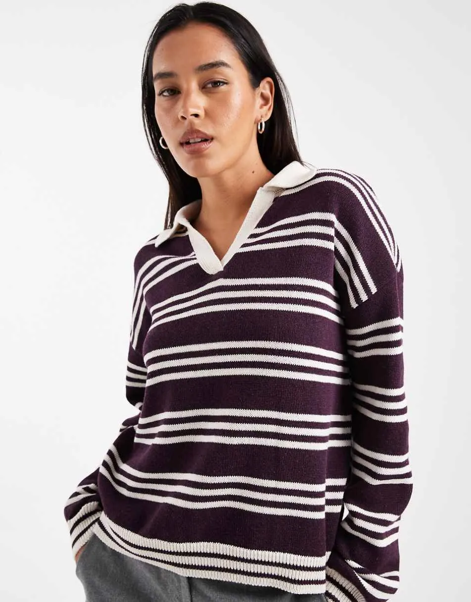 ASOS DESIGN oversized knitted rugby top in plum stripe