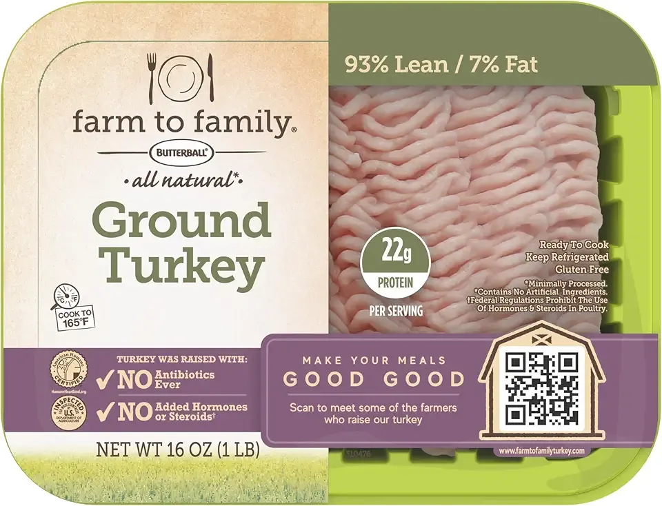 Farm to Family by Butterball, Fresh 93%/7% Lean Ground Turkey, No Antibiotics Ever, 1 lb
