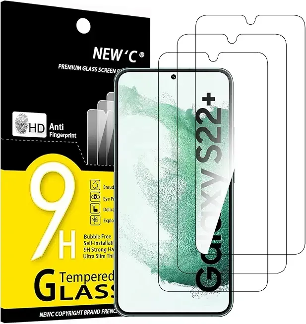 NEW'C for Samsung Galaxy S22+ (S22 Plus) Screen Protector Tempered Glass | 3 Pack, HD Clear, 6.6 Inches, 9H Hardness, Scratch Resistant, Bubble Free, Oleophobic, Touch Sensitive