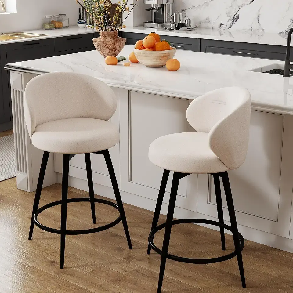 26" Counter Height Bar Stools Set of 2, 360° Swivel Upholstered Bar Stools with Backs and Arms, Linen Fabric Wingback Counter Stools with Metal Frame for Kitchen Island, Ivory
