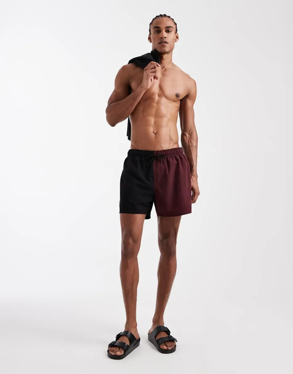 ASOS DESIGN swim shorts in short length in burgundy and black