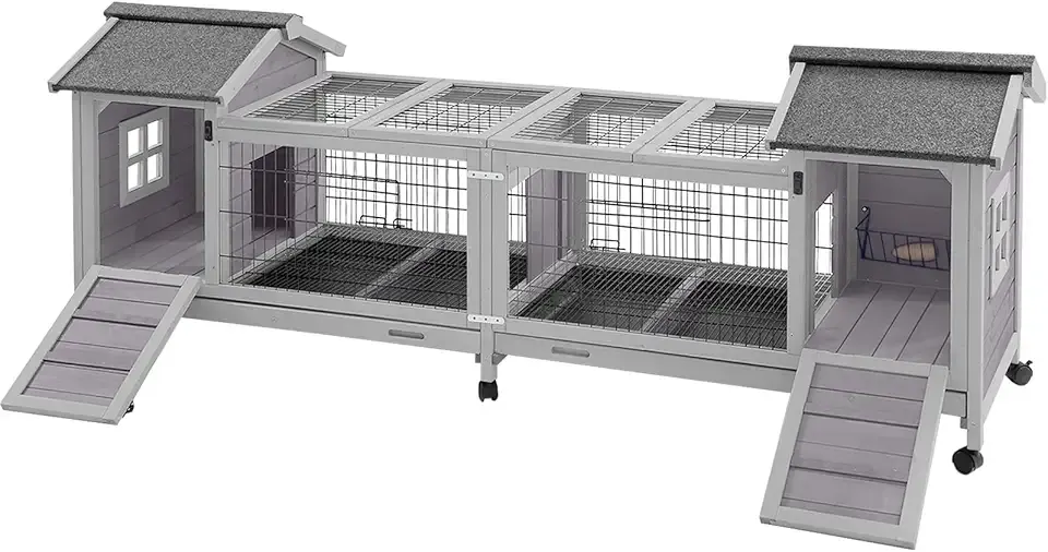 Aivituvin Rabbit Hutch Bunny Cage with Double House and Run Indoor Outdoor Guinea Pig House with Deeper No Leak Trays and Wheels