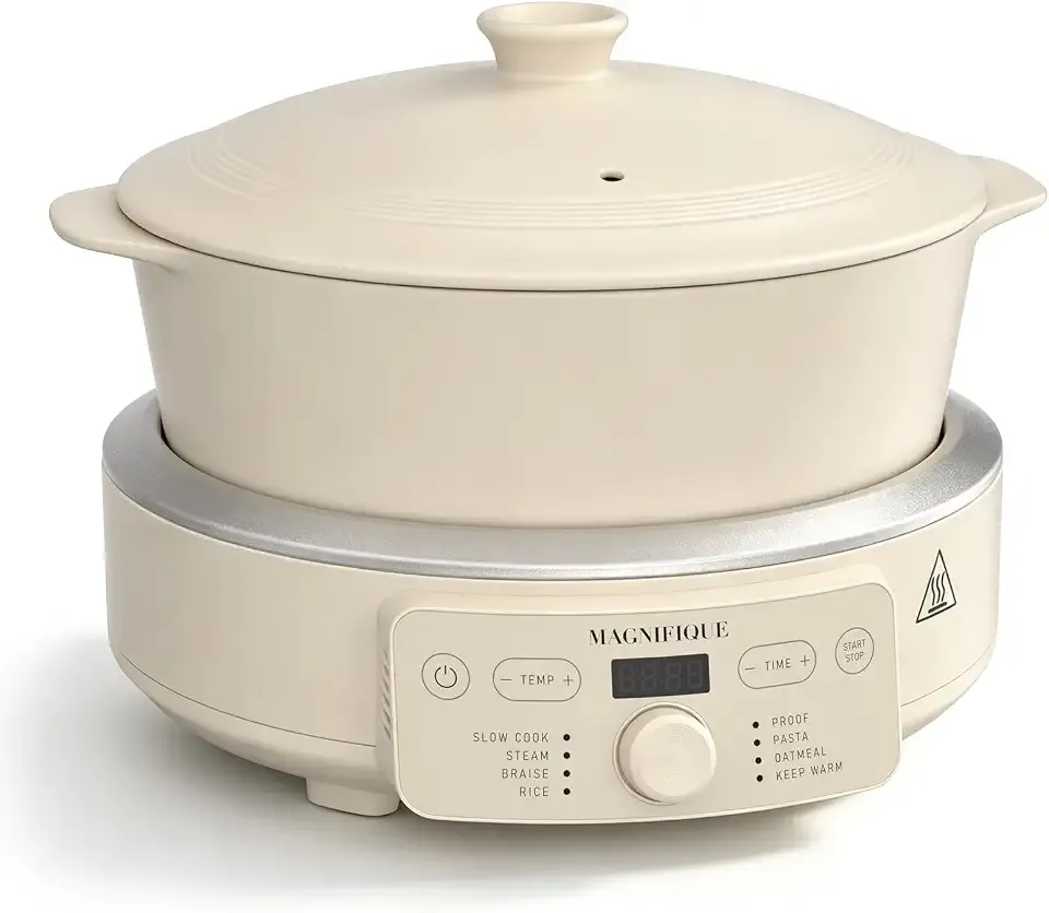 MAGNIFIQUE Slow Cooker, 4.5 Quart 8-in-1 Clay Pot Multi-Cooker, Non-Toxic Slow Cooker with Removable Clay Pot, for Rice, Pasta, Steam & Proof, Nonstick, Oven Safe Pot to 500°F, Oatmeal