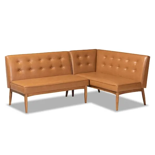 Baxton Studio Arvid Faux Leather Dining Nook Banquette Set in Tan and walnut brown