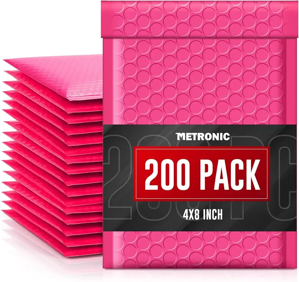 METRONIC 4x8 Bubble Mailers 200Pack, Waterproof Pink Bubble Mailers, Self Seal Padded Envelopes for Small Business Packaging Supplies Padded Mailer Usable Size 4x7