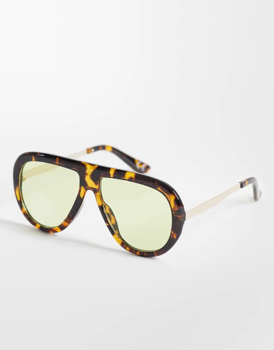 ASOS DESIGN metal temple aviator in tort with light green lens