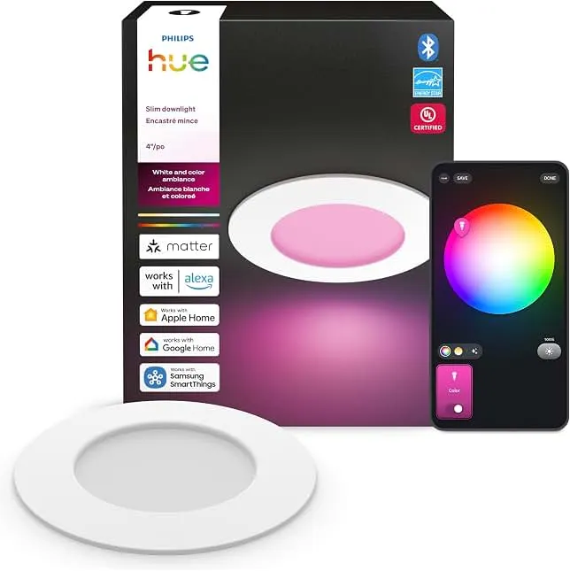 Philips Hue Slim Downlight, Recessed LED Ceiling Light, 1-Pack, White | 4-Inch, Canless Design, Full-Spectrum Daylight 1000K-20000K, 800 Lume…