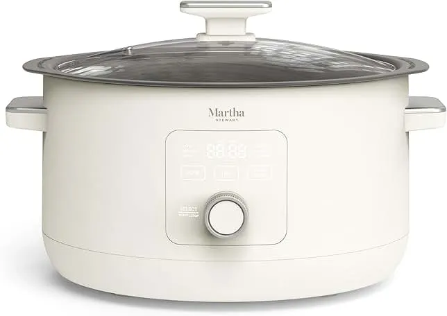 Martha Stewart 8 QT Slow Cooker, Programmable with Timer, 3 Heat Settings (Low, High, Warm), Nonstick Ceramic Removable Crock, Stovetop & Oven Safe, Glass Lid, Simmer, Reheat, Warm, Linen
