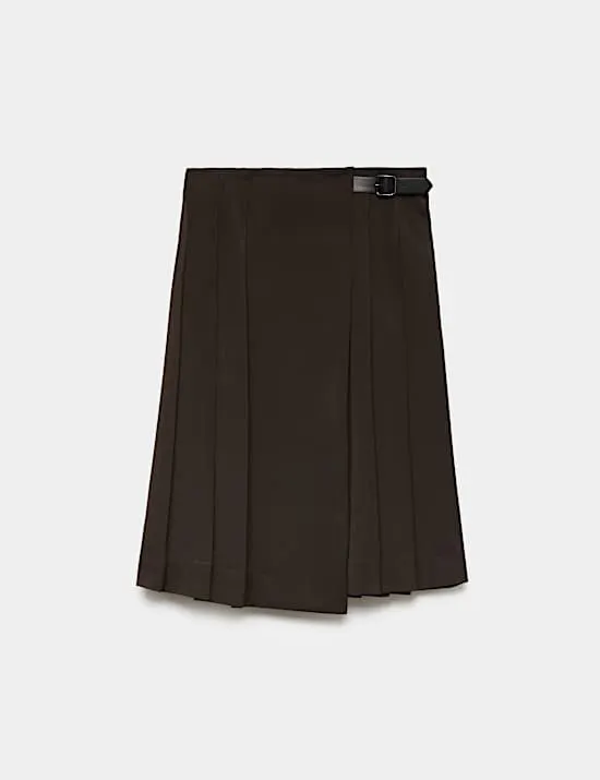 Wool Blend Pleated Midi Kilt Skirt