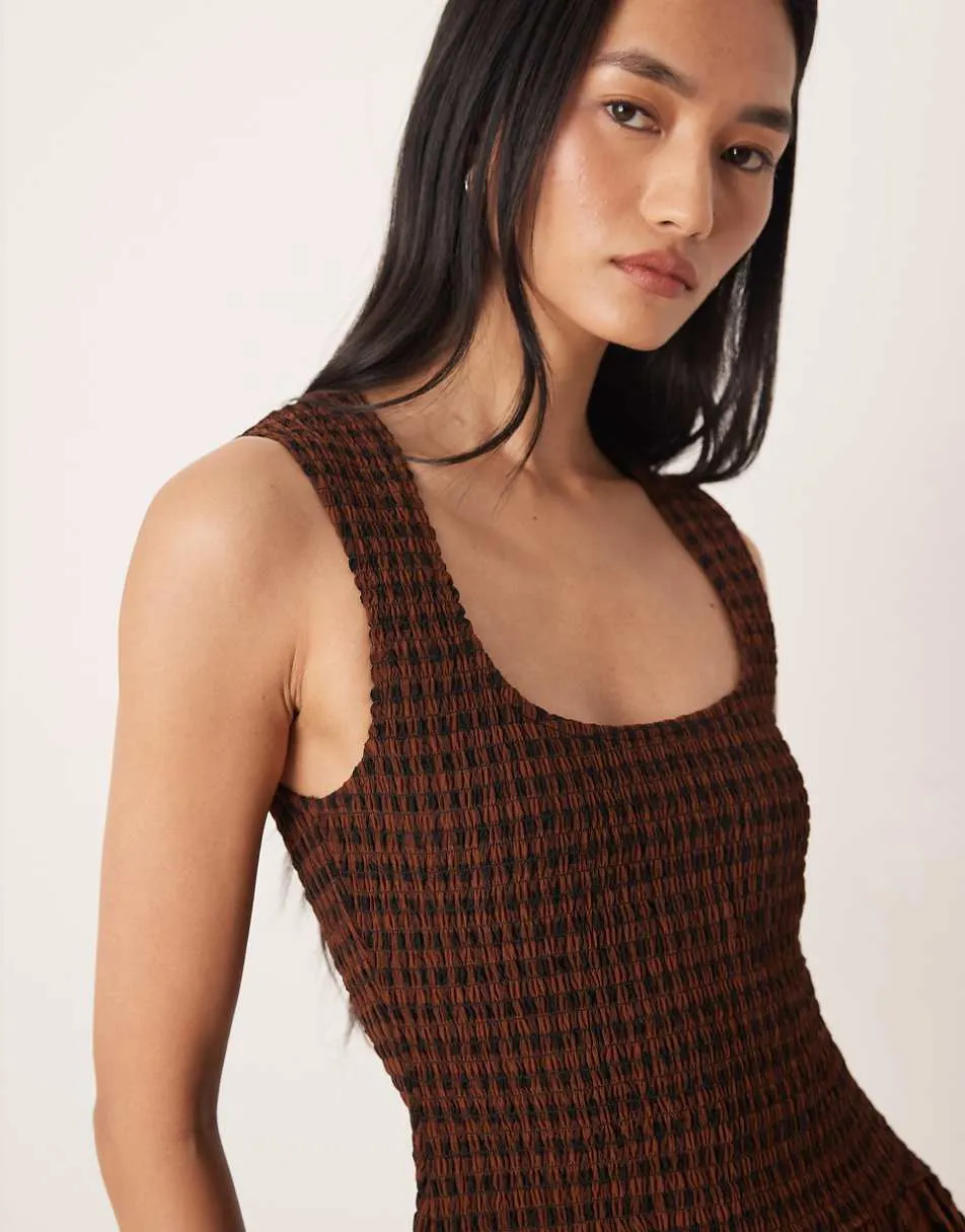 ASOS DESIGN crinkle scoop neck maxi sundress with shirred waist in black and chocolate gingham