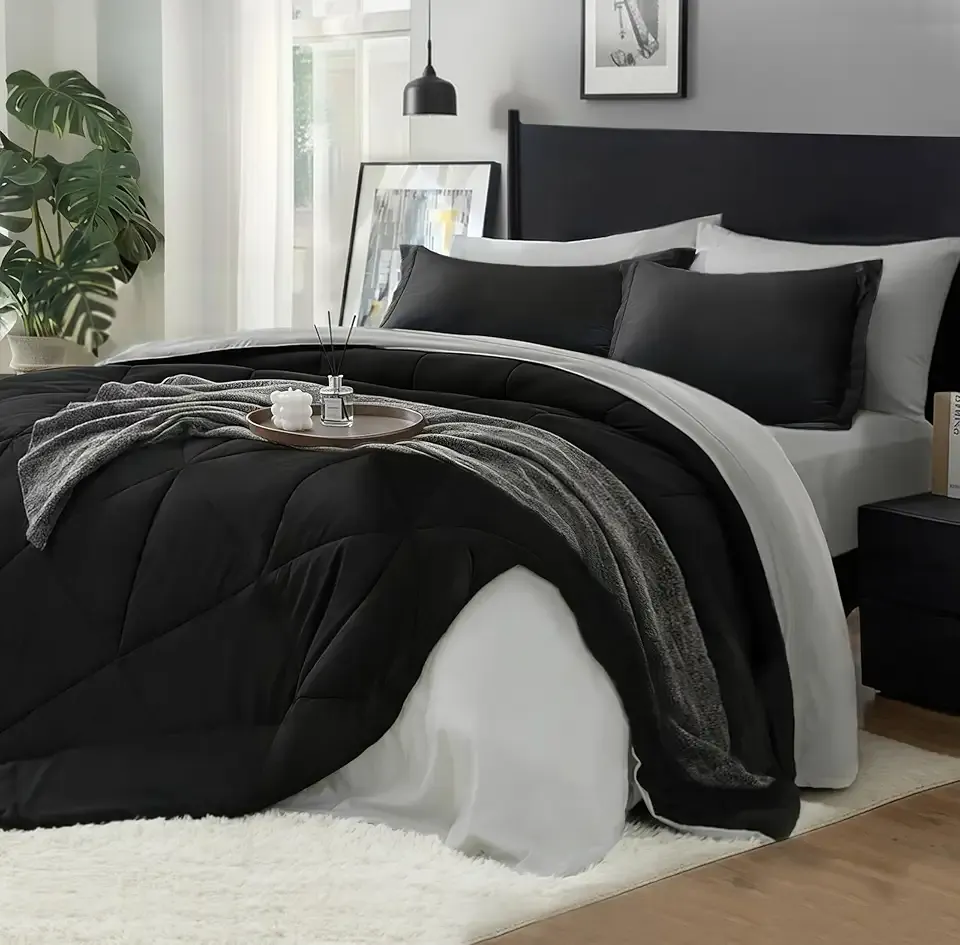 BEDELITE Queen Comforter Set 7 Pieces Bed in A Bag - Soft Microfiber Reversible Black Bed Set with Comforters, Sheets, Pillowcases & Shams, Cozy Luxury Bedding Sets for All Season