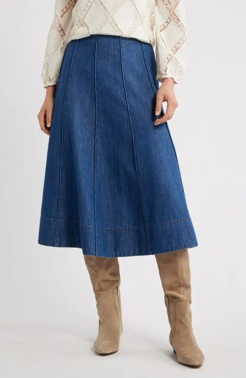 Seamed A-Line Denim Midi Skirt