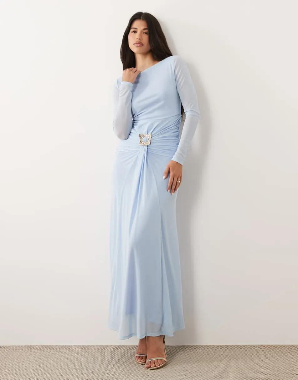 Daska slash neck tie front trim detail maxi dress in sky blue