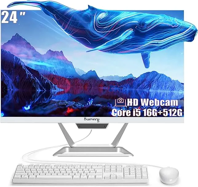 suevery 24" FHD All-in-One Desktop Computer for Home &Office, Everyday Use, Core I5, 16GB RAM, 512GB SSD, HDMl,WiFi 6, 1080P Gaming PC, Business AlO,HD Webcam,with Keyboard & Mouse