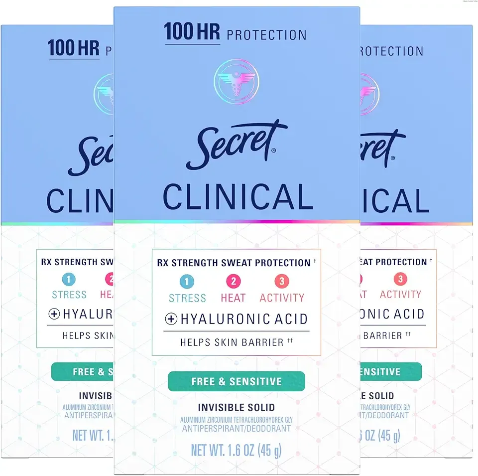 Secret Clinical Strength Antiperspirant Deodorant for Women, Free & Sensitive, 3X Stress Protection, 72hr Sweat & Odor Protection, PH Balancing Minerals, Invisible Solid, Unscented, 1.6 oz (Pack of 3)