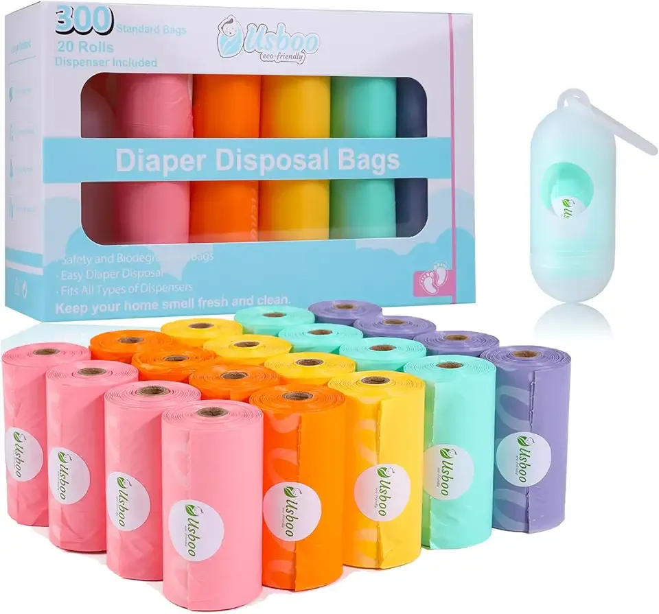 Diaper Bags Disposable for Baby, 20 Refill Rolls/300 Bags Waste Bags with Dispenser, Convenient and Quick Diaper Disposal, Rainbow